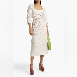 GANNI Pleated Crinkled Cotton-Poplin Midi Dress Pink Floral Size 38 (6)